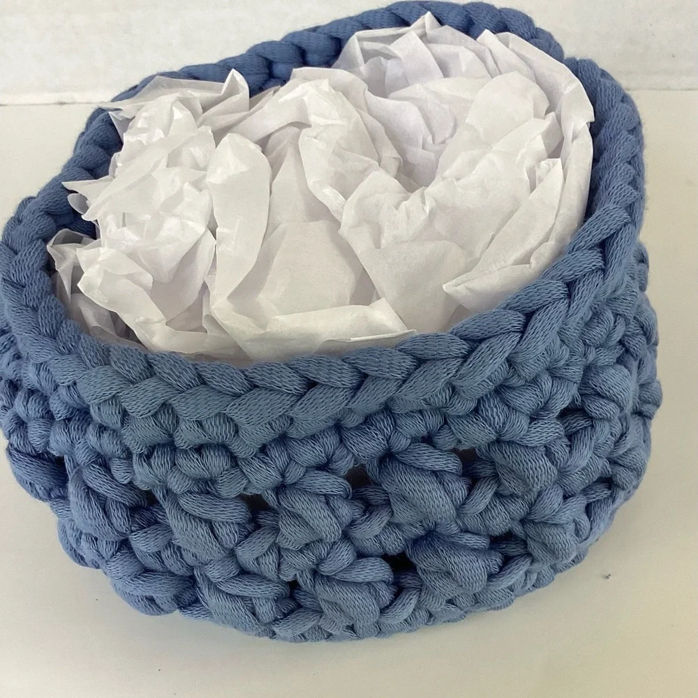Bowl Lidded Hand Crafted Container Crochet Cotton Denim Blue Boho